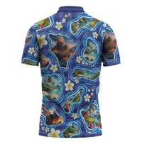 Hawaiian Island Shapes-Iconic Landscape Zipper Polo Shirt with Plumeria and Palaka Blue Color