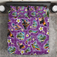 Hawaiian Island Shapes-Iconic Landscape Bedding Set with Plumeria and Palaka Purple Color