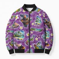 Hawaiian Island Shapes-Iconic Landscape Bomber Puffer Jacket with Plumeria and Palaka Purple Color