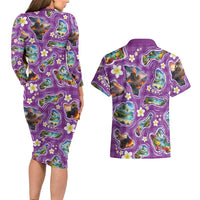 Hawaiian Island Shapes-Iconic Landscape Couples Matching Long Sleeve Bodycon Dress and Hawaiian Shirt with Plumeria and Palaka Purple Color