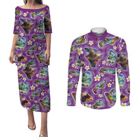 Hawaiian Island Shapes-Iconic Landscape Couples Matching Puletasi and Long Sleeve Button Shirt with Plumeria and Palaka Purple Color