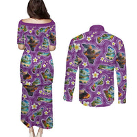 Hawaiian Island Shapes-Iconic Landscape Couples Matching Puletasi and Long Sleeve Button Shirt with Plumeria and Palaka Purple Color