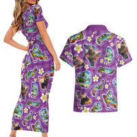 Hawaiian Island Shapes-Iconic Landscape Couples Matching Short Sleeve Bodycon Dress and Hawaiian Shirt with Plumeria and Palaka Purple Color