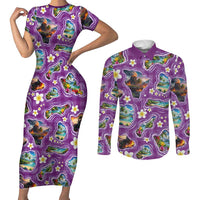 Hawaiian Island Shapes-Iconic Landscape Couples Matching Short Sleeve Bodycon Dress and Long Sleeve Button Shirt with Plumeria and Palaka Purple Color LT03 Purple - Polynesian Pride