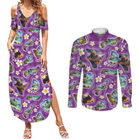 Hawaiian Island Shapes-Iconic Landscape Couples Matching Summer Maxi Dress and Long Sleeve Button Shirt with Plumeria and Palaka Purple Color