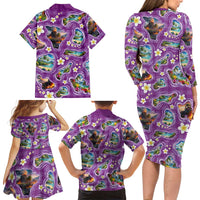 Hawaiian Island Shapes-Iconic Landscape Family Matching Long Sleeve Bodycon Dress and Hawaiian Shirt with Plumeria and Palaka Purple Color