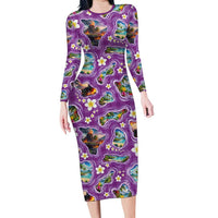 Hawaiian Island Shapes-Iconic Landscape Family Matching Long Sleeve Bodycon Dress and Hawaiian Shirt with Plumeria and Palaka Purple Color