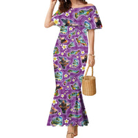 Hawaiian Island Shapes-Iconic Landscape Family Matching Mermaid Dress and Hawaiian Shirt with Plumeria and Palaka Purple Color