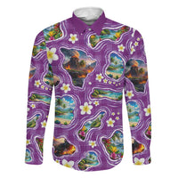 Hawaiian Island Shapes-Iconic Landscape Family Matching Off Shoulder Maxi Dress and Hawaiian Shirt with Plumeria and Palaka Purple Color