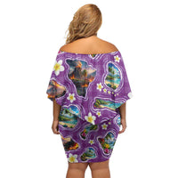 Hawaiian Island Shapes-Iconic Landscape Family Matching Off Shoulder Short Dress and Hawaiian Shirt with Plumeria and Palaka Purple Color
