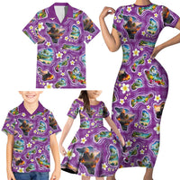 Hawaiian Island Shapes-Iconic Landscape Family Matching Short Sleeve Bodycon Dress and Hawaiian Shirt with Plumeria and Palaka Purple Color