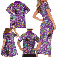 Hawaiian Island Shapes-Iconic Landscape Family Matching Short Sleeve Bodycon Dress and Hawaiian Shirt with Plumeria and Palaka Purple Color