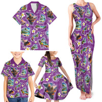 Hawaiian Island Shapes-Iconic Landscape Family Matching Tank Maxi Dress and Hawaiian Shirt with Plumeria and Palaka Purple Color