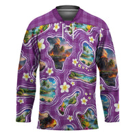 Hawaiian Island Shapes-Iconic Landscape Hockey Jersey with Plumeria and Palaka Purple Color
