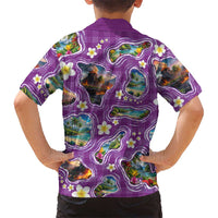 Hawaiian Island Shapes-Iconic Landscape Kid Hawaiian Shirt with Plumeria and Palaka Purple Color