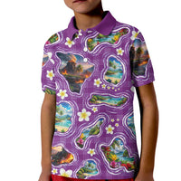 Hawaiian Island Shapes-Iconic Landscape Kid Polo Shirt with Plumeria and Palaka Purple Color