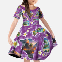 Hawaiian Island Shapes-Iconic Landscape Kid Short Sleeve Dress with Plumeria and Palaka Purple Color