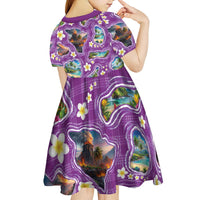 Hawaiian Island Shapes-Iconic Landscape Kid Short Sleeve Dress with Plumeria and Palaka Purple Color