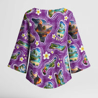 Hawaiian Island Shapes-Iconic Landscape Kimono Sleeve Blouse with Plumeria and Palaka Purple Color