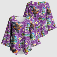Hawaiian Island Shapes-Iconic Landscape Kimono Sleeve Blouse with Plumeria and Palaka Purple Color