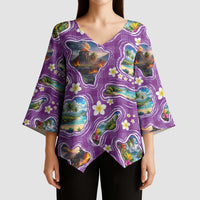 Hawaiian Island Shapes-Iconic Landscape Kimono Sleeve Blouse with Plumeria and Palaka Purple Color