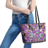 Hawaiian Island Shapes-Iconic Landscape Leather Tote Bag with Plumeria and Palaka Purple Color