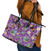 Hawaiian Island Shapes-Iconic Landscape Leather Tote Bag with Plumeria and Palaka Purple Color