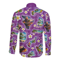 Hawaiian Island Shapes-Iconic Landscape Long Sleeve Button Shirt with Plumeria and Palaka Purple Color
