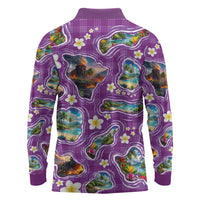 Hawaiian Island Shapes-Iconic Landscape Long Sleeve Polo Shirt with Plumeria and Palaka Purple Color