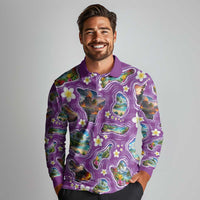 Hawaiian Island Shapes-Iconic Landscape Long Sleeve Polo Shirt with Plumeria and Palaka Purple Color
