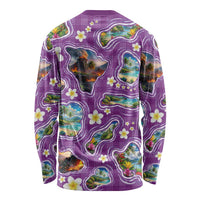 Hawaiian Island Shapes-Iconic Landscape Long Sleeve Shirt with Plumeria and Palaka Purple Color