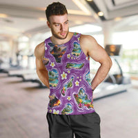 Hawaiian Island Shapes-Iconic Landscape Men Tank Top with Plumeria and Palaka Purple Color