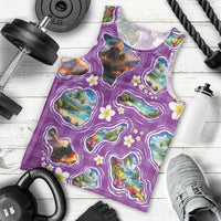 Hawaiian Island Shapes-Iconic Landscape Men Tank Top with Plumeria and Palaka Purple Color