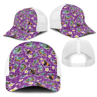Hawaiian Island Shapes-Iconic Landscape Mesh Trucker Cap with Plumeria and Palaka Purple Color