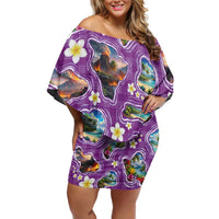 Hawaiian Island Shapes-Iconic Landscape Off Shoulder Short Dress with Plumeria and Palaka Purple Color