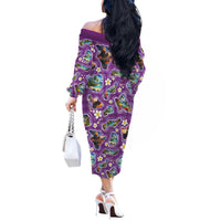 Hawaiian Island Shapes-Iconic Landscape Off The Shoulder Long Sleeve Dress with Plumeria and Palaka Purple Color