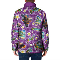 Hawaiian Island Shapes-Iconic Landscape Padded Jacket with Plumeria and Palaka Purple Color