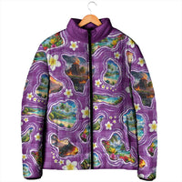 Hawaiian Island Shapes-Iconic Landscape Padded Jacket with Plumeria and Palaka Purple Color
