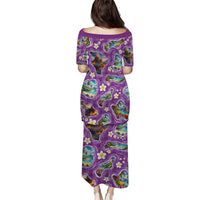 Hawaiian Island Shapes-Iconic Landscape Puletasi with Plumeria and Palaka Purple Color