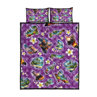 Hawaiian Island Shapes-Iconic Landscape Quilt Bed Set with Plumeria and Palaka Purple Color