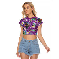 Hawaiian Island Shapes-Iconic Landscape Raglan Cropped T Shirt with Plumeria and Palaka Purple Color