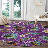 Hawaiian Island Shapes-Iconic Landscape Round Carpet with Plumeria and Palaka Purple Color