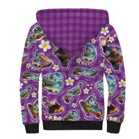Hawaiian Island Shapes-Iconic Landscape Sherpa Hoodie with Plumeria and Palaka Purple Color
