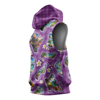 Hawaiian Island Shapes-Iconic Landscape Sleeveless Hoodie with Plumeria and Palaka Purple Color