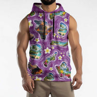 Hawaiian Island Shapes-Iconic Landscape Sleeveless Hoodie with Plumeria and Palaka Purple Color