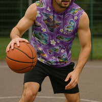 Hawaiian Island Shapes-Iconic Landscape Sleeveless Hoodie with Plumeria and Palaka Purple Color