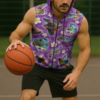 Hawaiian Island Shapes-Iconic Landscape Sleeveless Zip Hoodie with Plumeria and Palaka Purple Color