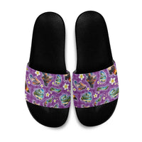 Hawaiian Island Shapes-Iconic Landscape Slide Sandals with Plumeria and Palaka Purple Color