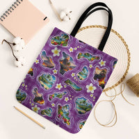 Hawaiian Island Shapes-Iconic Landscape Tote Bag with Plumeria and Palaka Purple Color