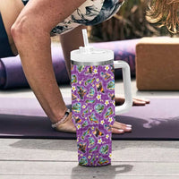 Hawaiian Island Shapes-Iconic Landscape Tumbler With Handle with Plumeria and Palaka Purple Color